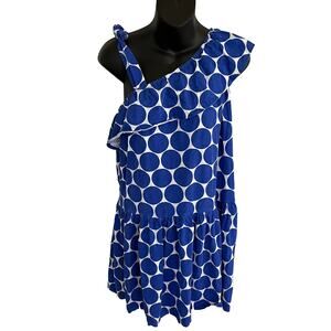 Crewcuts One Shoulder Dress Girls 14 Blue White Polka Dot Sleeveless Ruffle